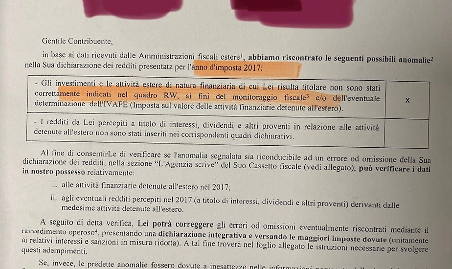 agenzia entrate lettera di compliance quadro rw conti esteri